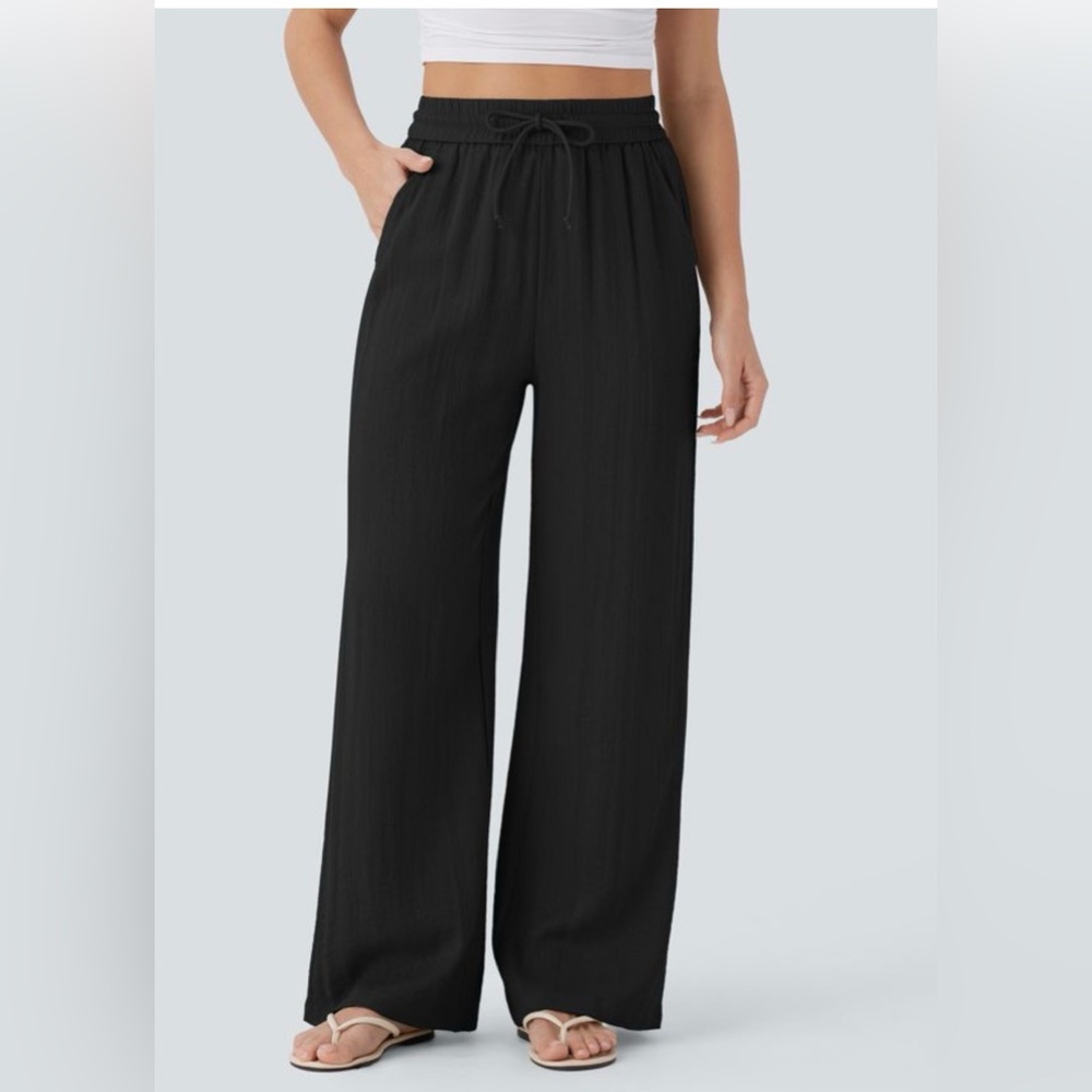 High Waisted Drawstring Pocket Wide Leg Casual Linen-Feel Pants